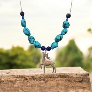 Turquoise and Blue Beaded Necklace with Deer Pendant